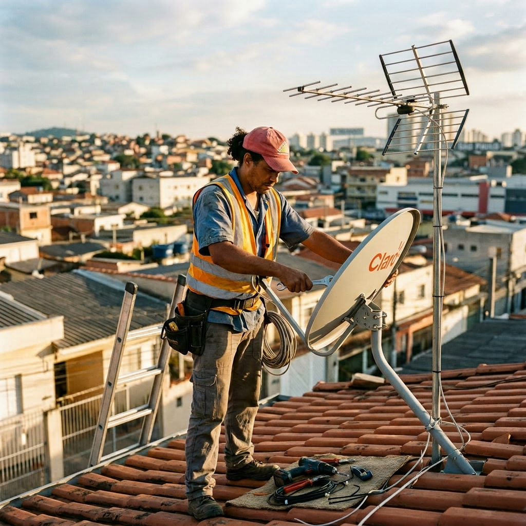 Technician adjusting a Claro satellite dish on a rooftop with tools nearby