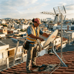 Technician adjusting a Claro satellite dish on a rooftop with tools nearby