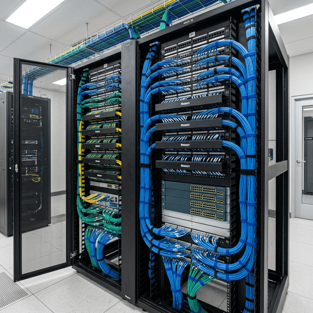 Server racks with organized blue, green, and yellow network cables and switches