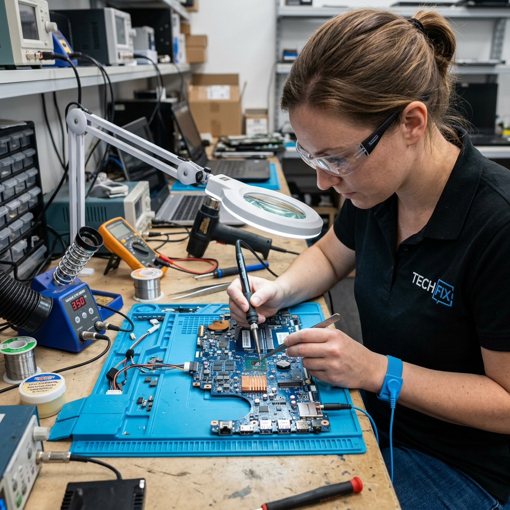Technician using soldering iron on a computer motherboard at a workbench