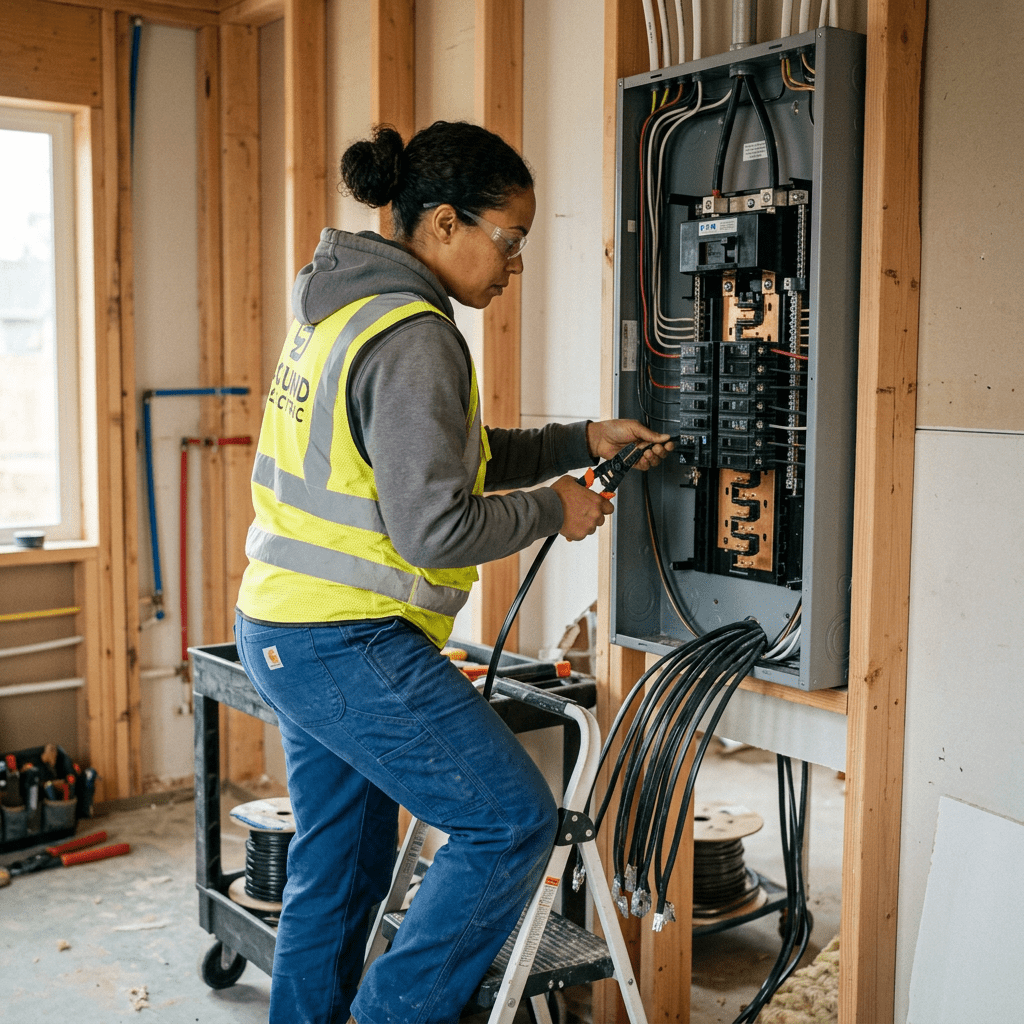Electrician wiring circuit breaker panel inside wooden frame structure