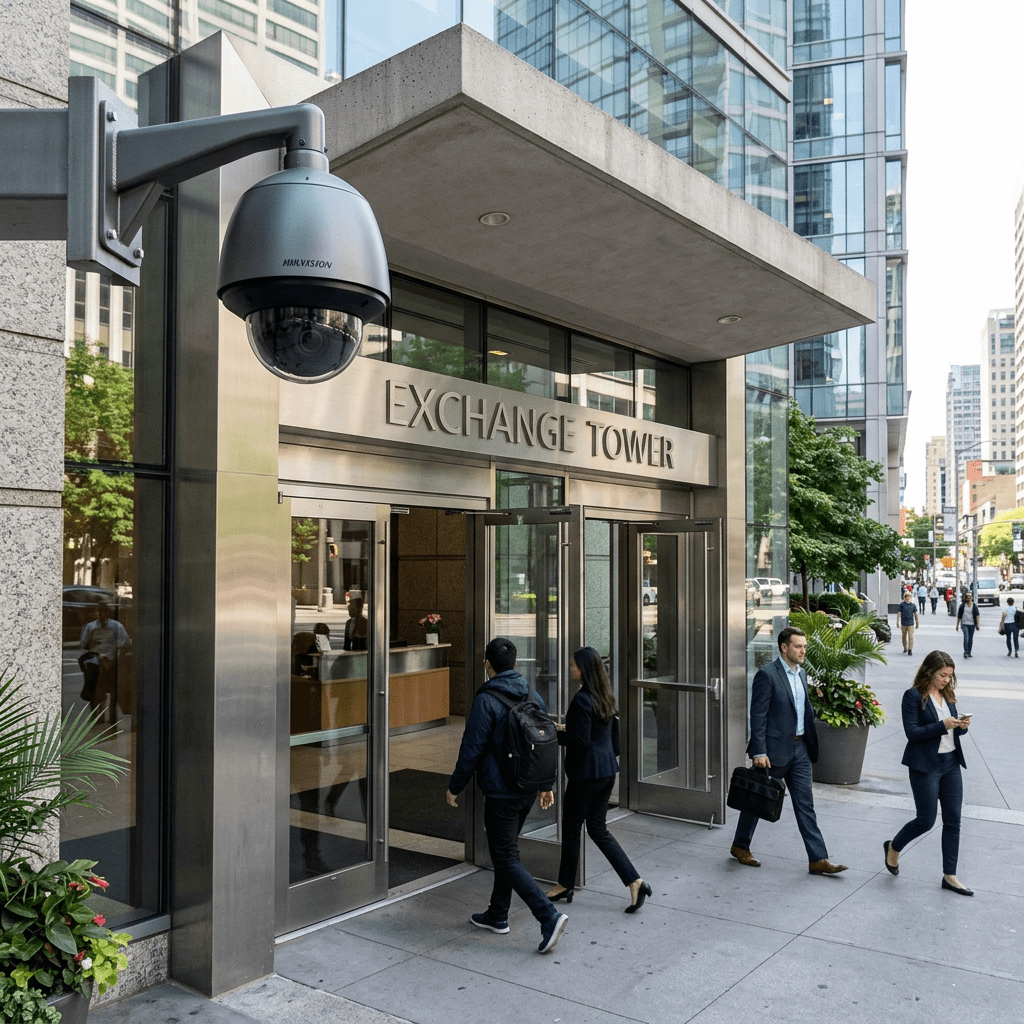 Entrance to Exchange Tower office building with a security camera above