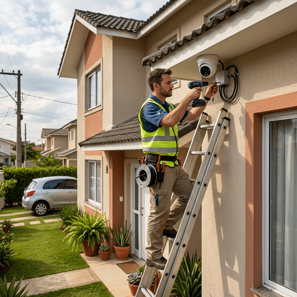 Technician on ladder installing outdoor security camera on house exterior