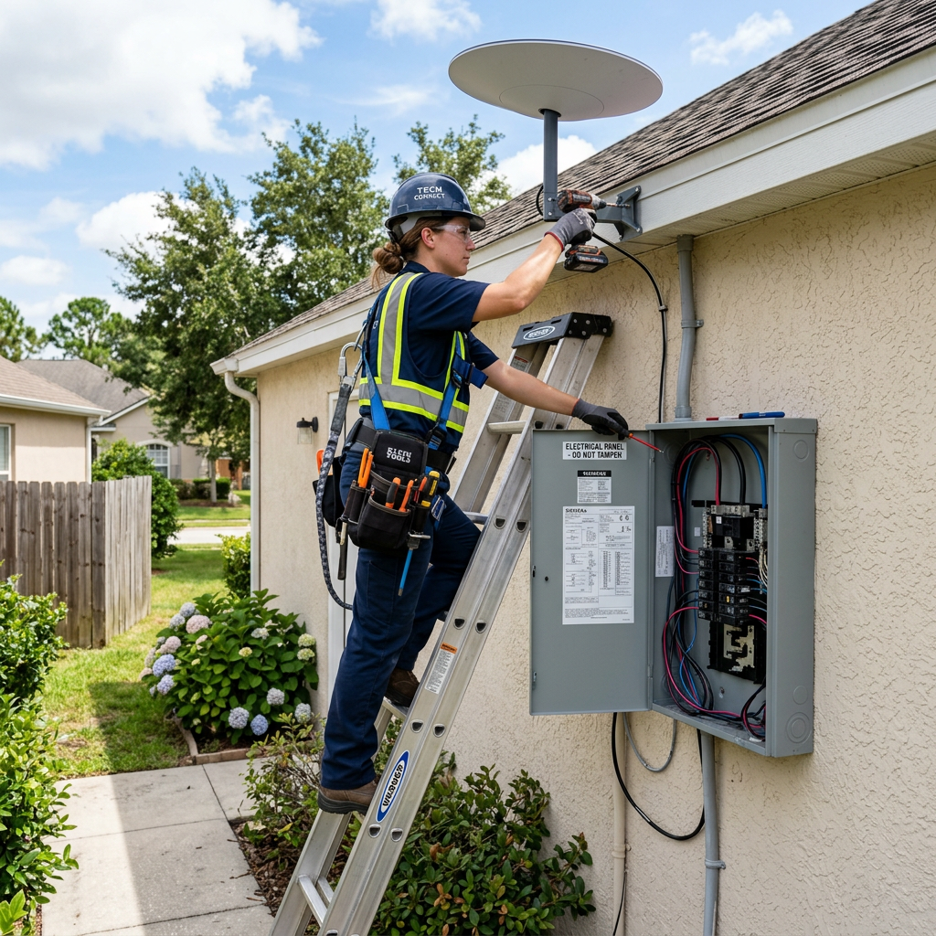 Technician on ladder installing satellite antenna on house exterior near electrical panel