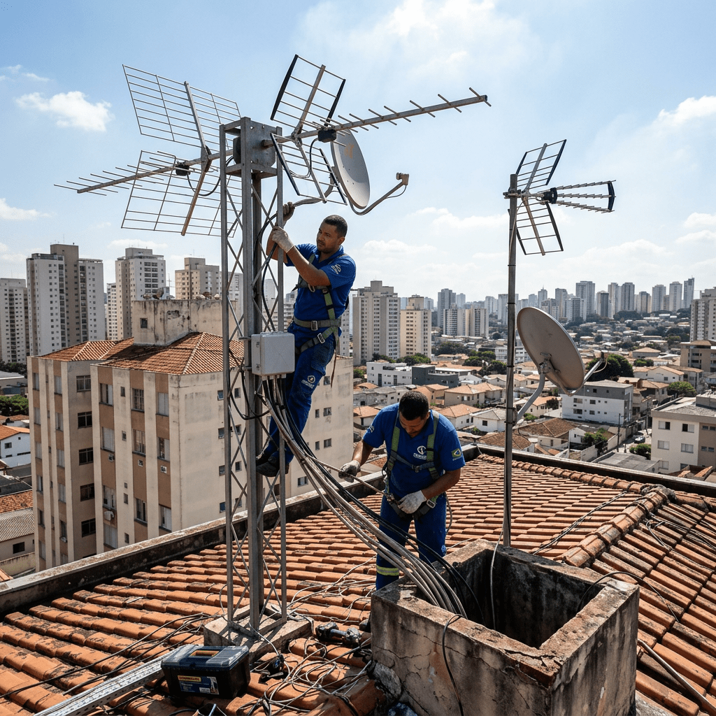 Two technicians installing and adjusting rooftop antennas on a building with urban skyline in background