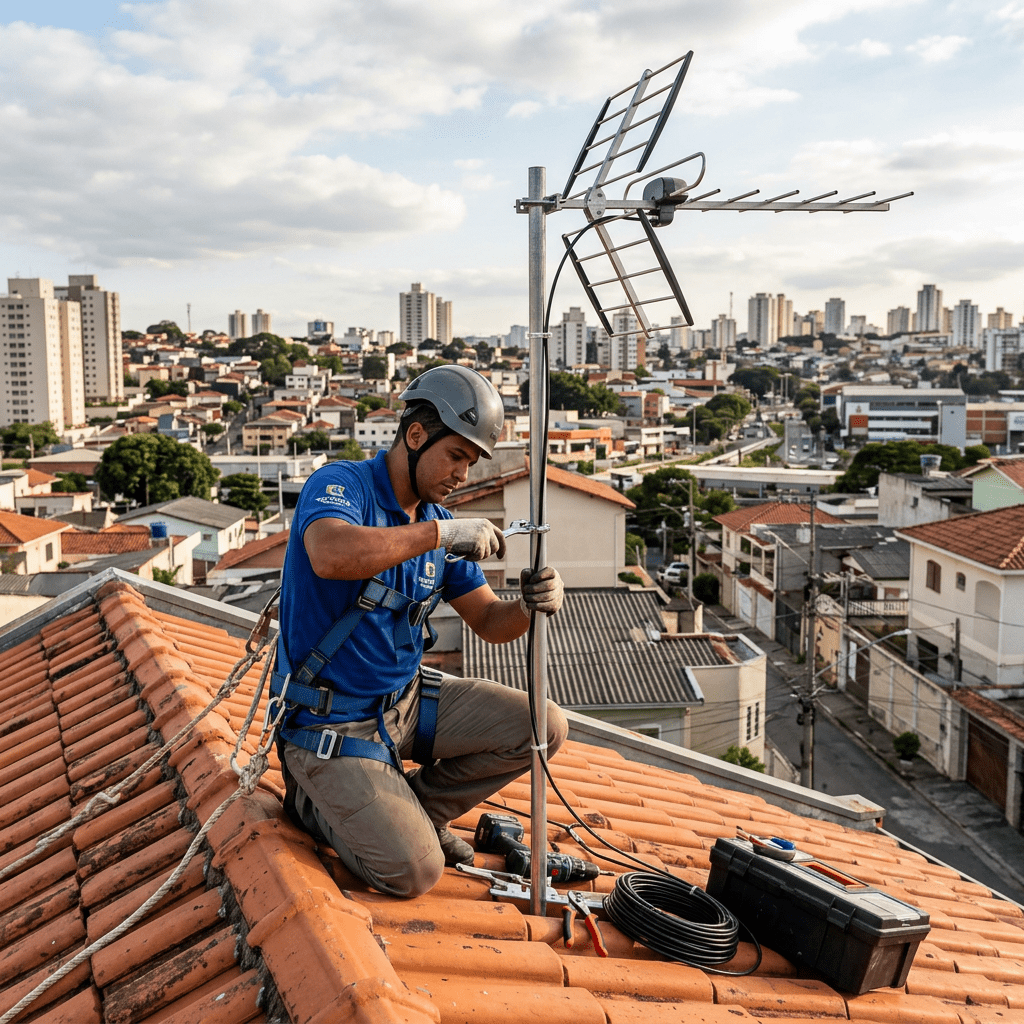 Technician wearing safety harness and helmet installs TV antenna on orange tiled rooftop