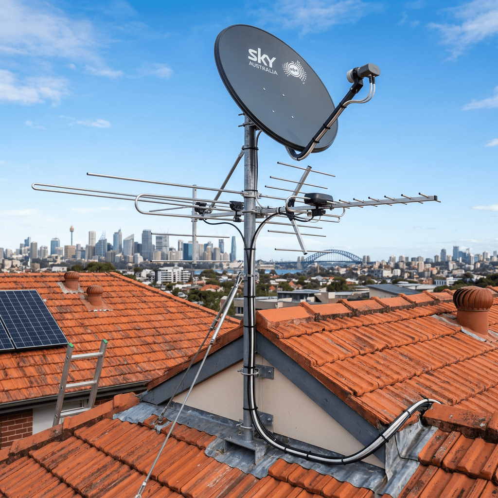 TV antenna and Sky Australia satellite dish mounted on a rooftop with city skyline in background