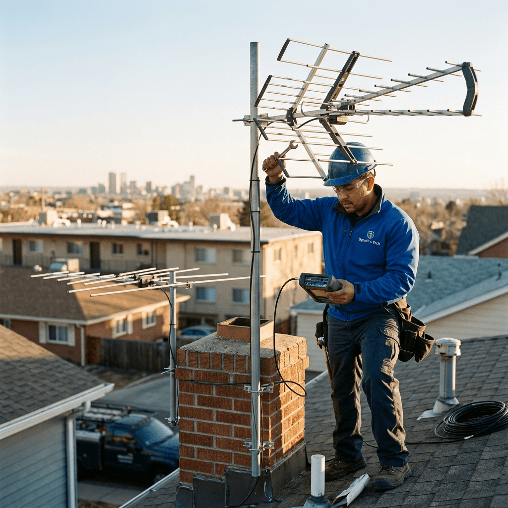 Technician in blue jacket and hard hat installing and testing a rooftop antenna.