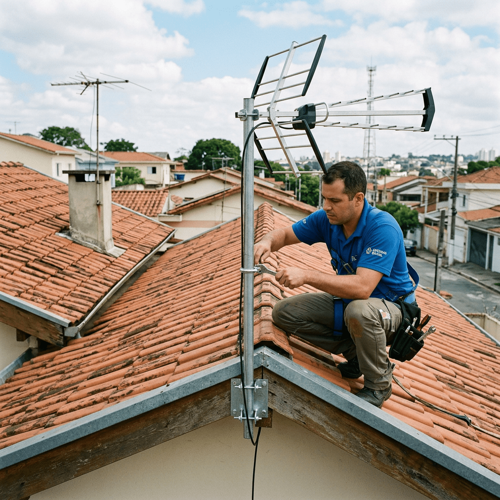 Technician installing and securing a television antenna on a residential rooftop