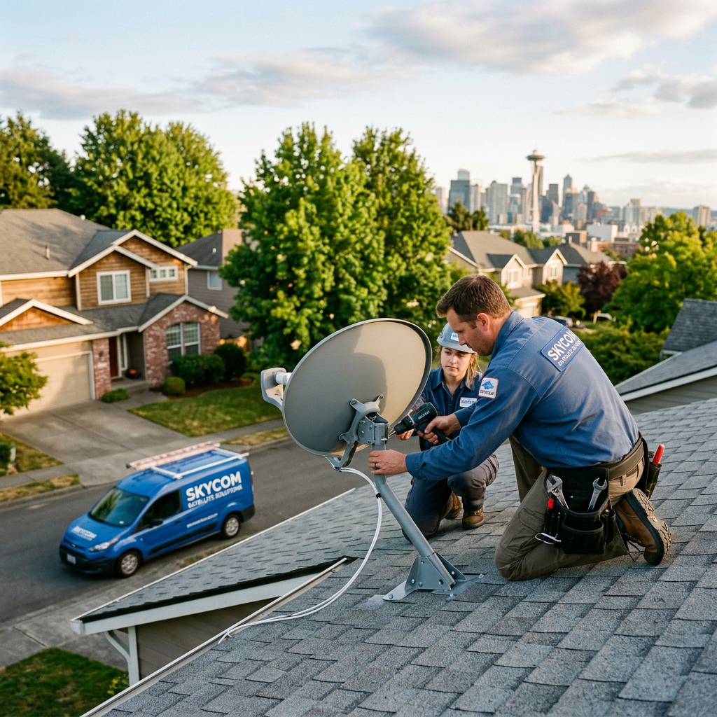 Two technicians in Skycom uniforms installing satellite dish on a residential roof