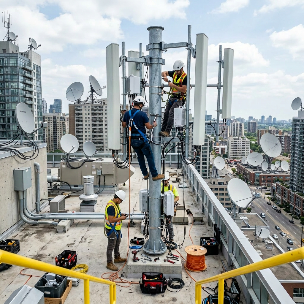 Technicians installing equipment on a cell tower on a rooftop in an urban area