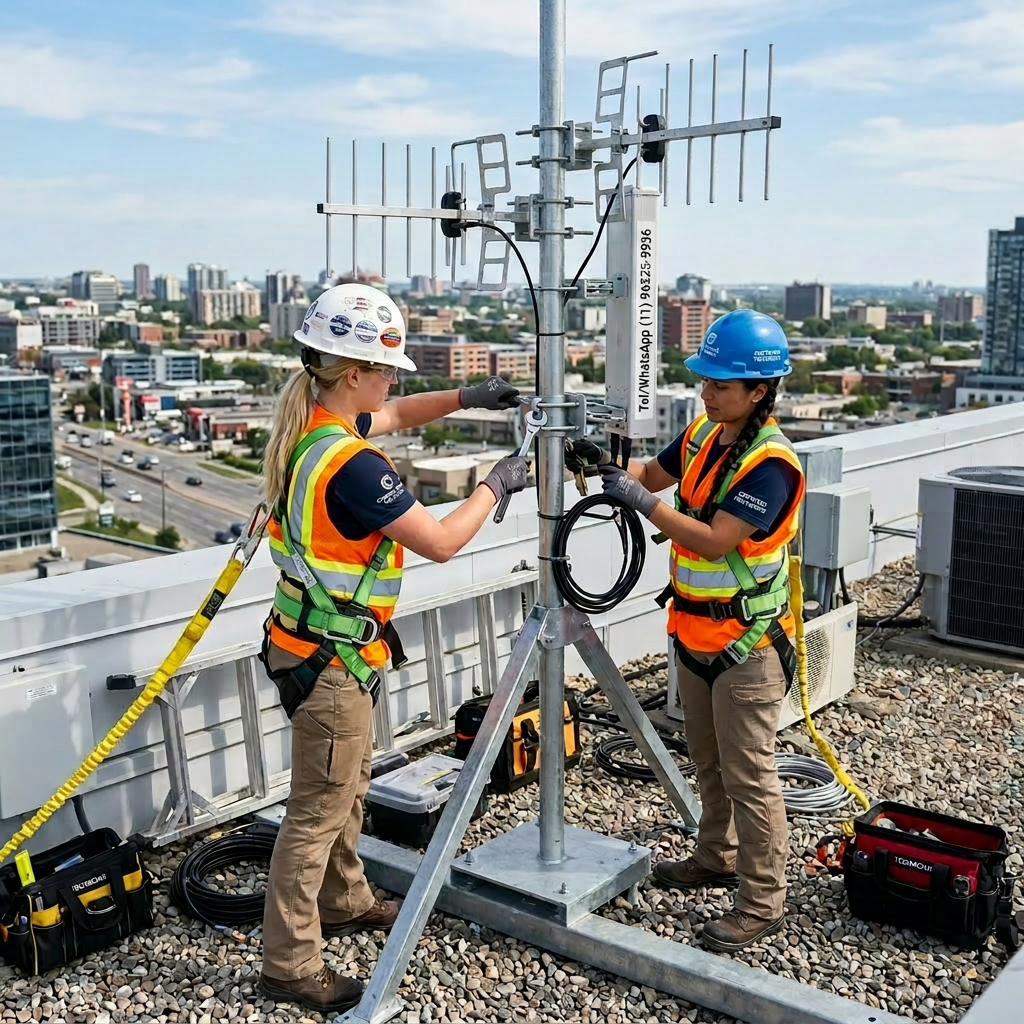 Certified technicians installing rooftop antenna