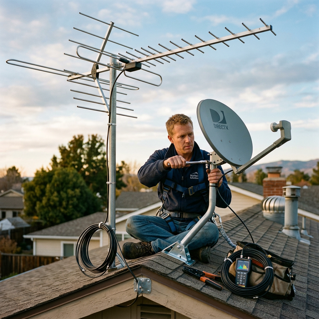 Instalação de antenas dígitais uhf e satélite banda c ou banda ku.