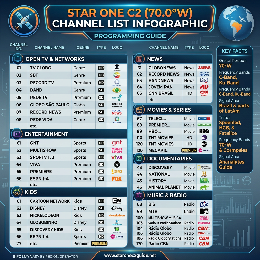Lista de Canais de TV e rádio banda C satélite Star One C2