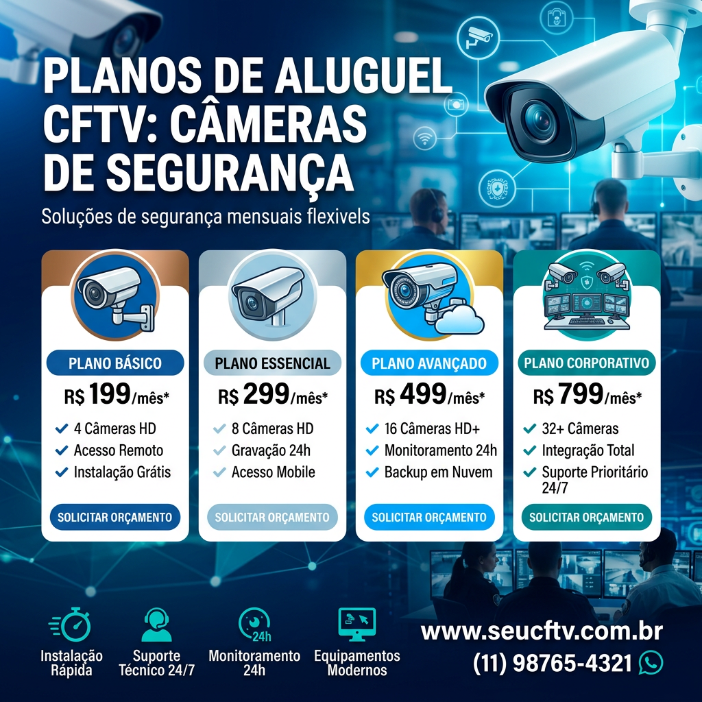 Rental plans for CCTV security cameras with prices and features in Portuguese