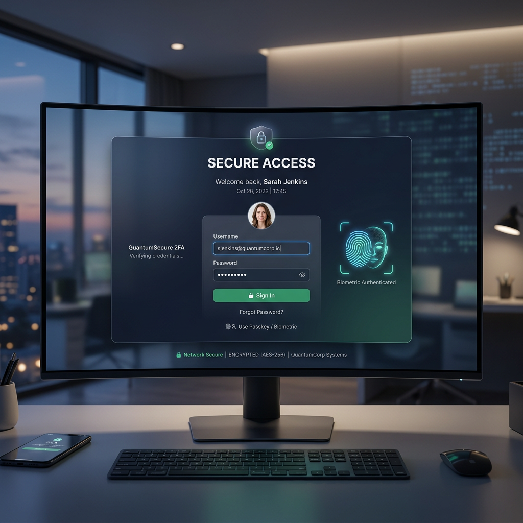 Secure access login screen showing username, password entry, and biometric authentication status