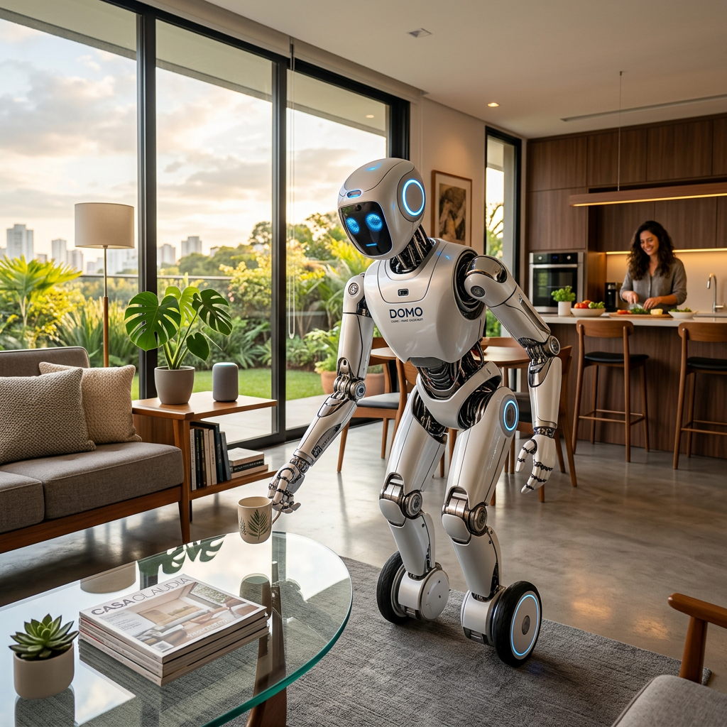 Humanoid robot standing in a modern living room beside a kitchen