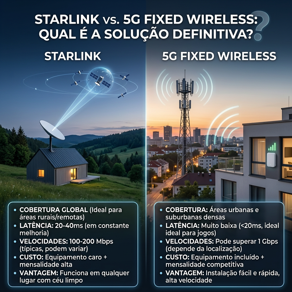Starlink vs. 5G Fixed Wireless: Qual é a solução definitiva para o fim da fila da internet rural em 2026?